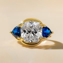 Three Stone Cushion & Triangle Cut White & Blue Sapphire Engagement Ring
