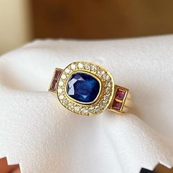 Golden Halo Bezel Cushion Cut Blue & Ruby & White Sapphire Engagement Ring
