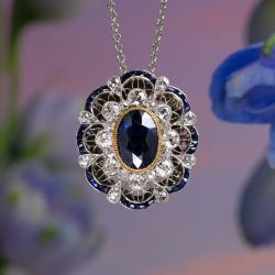 Two Tone Halo Blue & White Sapphire Oval & Round Cut Pendant Necklace