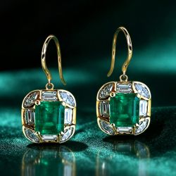 Golden Halo Asscher Cut Emerald & White Sapphire Drop Earrings