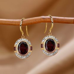 Two Tone Halo Oval Cut Garnet & White Sapphire Drop Earrings