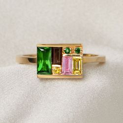 Golden Baguette Cut Emerald & Pink & Brown & Yellow Sapphire Engagement Ring