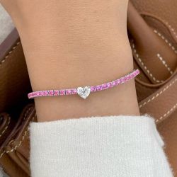 Classic Heart & Round Cut White & Pink Sapphire Tennis Bracelet For Women