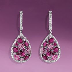 Halo Ruby & Pink Sapphire Oval & Pear & Round Cut Drop Earrings