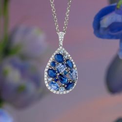 Halo Oval & Pear & Round Cut Blue & White Sapphire Pendant Necklace
