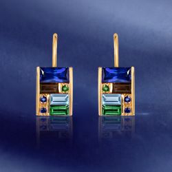 Golden Baguette Cut Blue & Emerald & Brown Sapphire Drop Earrings