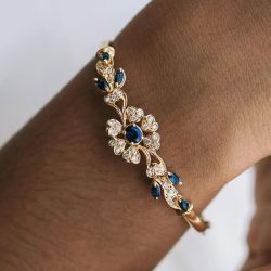 Halo Blue & White Sapphire Oval & Marquise & Round Cut Bangle Bracelet For Women