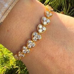 Golden Heart Design Round Cut White Sapphire Tennis Bracelet For Women
