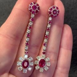 Halo Oval & Round Cut Ruby & White Sapphire Drop Earrings
