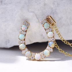 Golden Round Cut White Opal & Sapphire Horseshoe Pendant Necklace