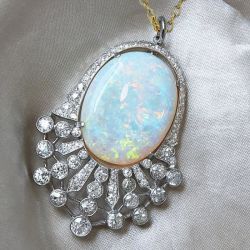 Two Tone Halo Oval & Round Cut White Opal & Sapphire Pendant Necklace