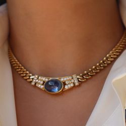 Golden Oval Cabochon Cut Blue Sapphire Pendant Necklace