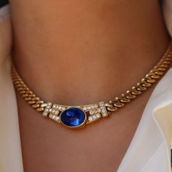 Golden Oval Cabochon Cut Blue Sapphire Pendant Necklace
