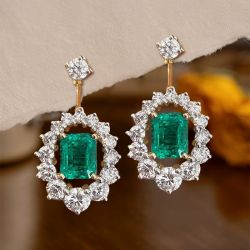 Two Tone Halo Emerald & Round Cut Emerald & White Sapphire Drop Earrings