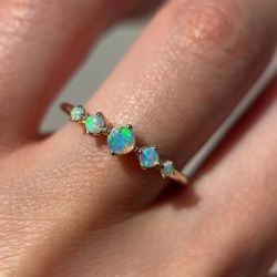 Golden Five Stone Round Cut Blue Opal Wedding Band Ring