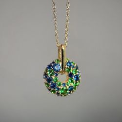 Golden Pave Setting Emerald & Blue Sapphire Round Cut Pendant Necklace