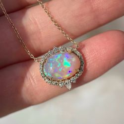 Halo Oval Cut White Opal & White Sapphire Pendant Necklace