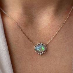 Halo Oval Cut White Opal & White Sapphire Pendant Necklace