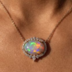 Halo Oval Cut White Opal & White Sapphire Pendant Necklace
