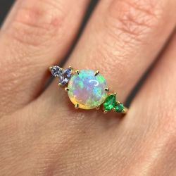 Golden White Opal Emerald & Purple Sapphire Round & Marquise Cut Engagement Ring