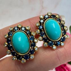 Double Halo Bezel Turquoises & Blue Sapphire Oval Cut Stud Earrings
