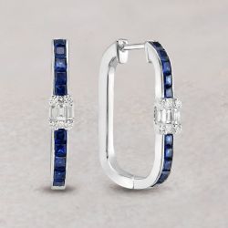 Blue & White Sapphire Baguette & Princess Cut Hoop Earrings