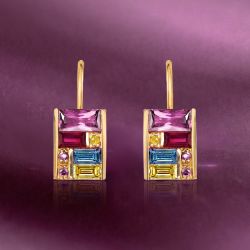 Golden Baguette Cut Pink & Ruby & Yellow & Blue Sapphire Drop Earrings
