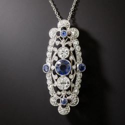 Halo Round Cut Blue & White Sapphire Pendant Necklace & Brooch