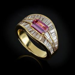 Golden Emerald & Baguette Cut Pink & White Sapphire Vintage Engagement Ring For Women