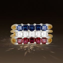 Triple Row Two Tone Asscher Cut Blue & Ruby & White Sapphire Wedding Band