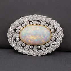 Two Tone Halo Oval & Round Cut White Opal & Sapphire Brooch Pin