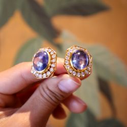 Golde Halo Oval Cabochon Cut Blue Sapphire Stud Earrings For Women