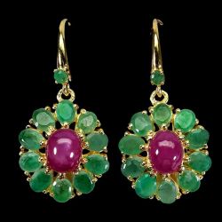 Golden Halo Ruby & Emerald Sapphire Oval Cabochon Cut Drop Earrings