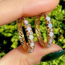 Golden Round Cut Opal & White Sapphire Hoop Earrings For Women