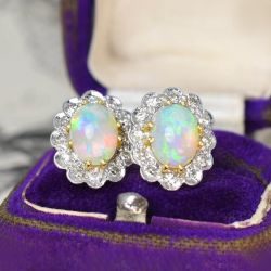 Two Tone Halo Oval Cut Opal & White Sapphire Stud Earrings For Women
