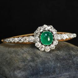 Two Tone Halo Round Cabochon Cut Emerald & White Sapphire Bangle Bracelet