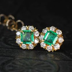 Golden Halo Emerald & White Sapphire Asscher & Round Cut Stud Earrings