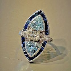 Halo Triangle Cut Aquamarine & Blue Sapphire Engagement Ring