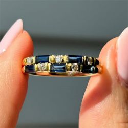 Checkerboard Golden Baguette & Round Cut Blue & White Sapphire Half Eternity Wedding Band Ring