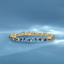 Golden Blue & Aquamarine Sapphire Round Cut Tennis Bracelet For Women