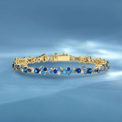 Golden Blue & Aquamarine Sapphire Round Cut Tennis Bracelet For Women