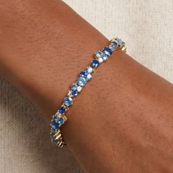 Golden Blue & Aquamarine Sapphire Round Cut Tennis Bracelet For Women