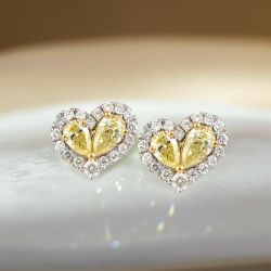 Two Tone Halo Pear & Round Cut Yellow Sapphire Stud Earrings