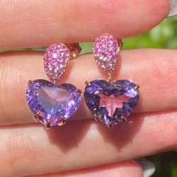 Fancy Rose Gold Heart Cut Amethyst & Pink Sapphire Drop Earrings For Women