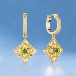 Golden Milgrain Clover Round Cut Emerald & White Sapphire Drop Earrings For Women