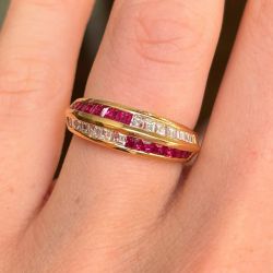 Golden Channel Setting Baguette Cut Ruby & White Sapphire Half Eternity Wedding Band Ring