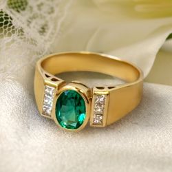 Golden Bezel Oval Cut Emerald & White Sapphire Engagement Ring For Women