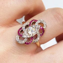 Two Tone Round Cut White & Ruby Sapphire Vintage Engagement Ring For Women