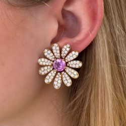Golden Daisy Round Cut Pink & White Sapphire Stud Earrings For Women