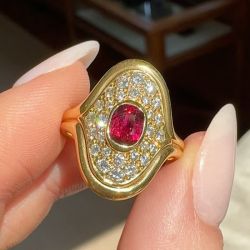 Golden Halo Oval Cut Ruby & White Sapphire Engagement Ring